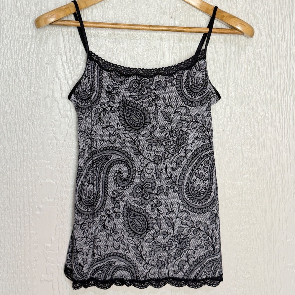 Jockey Womens Black White Paisley Lace Print Camisole Top Size Large L Scalloped